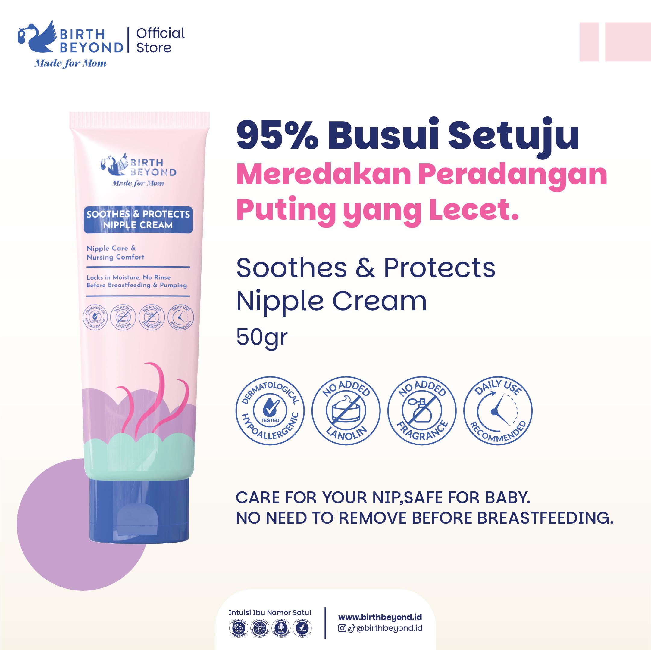 [BUY 1 GET 1] Birth Beyond Soothes & Protects Nipple Cream – Krim Puting Ibu Menyusui untuk Menenangkan & Melembapkan Puting Lecet, Aman Tanpa Bilas, Multifungsi Bisa untuk Pumping, Lip & Hand Care dengan Olive Oil, Tsubaki Oil & Shea Butter