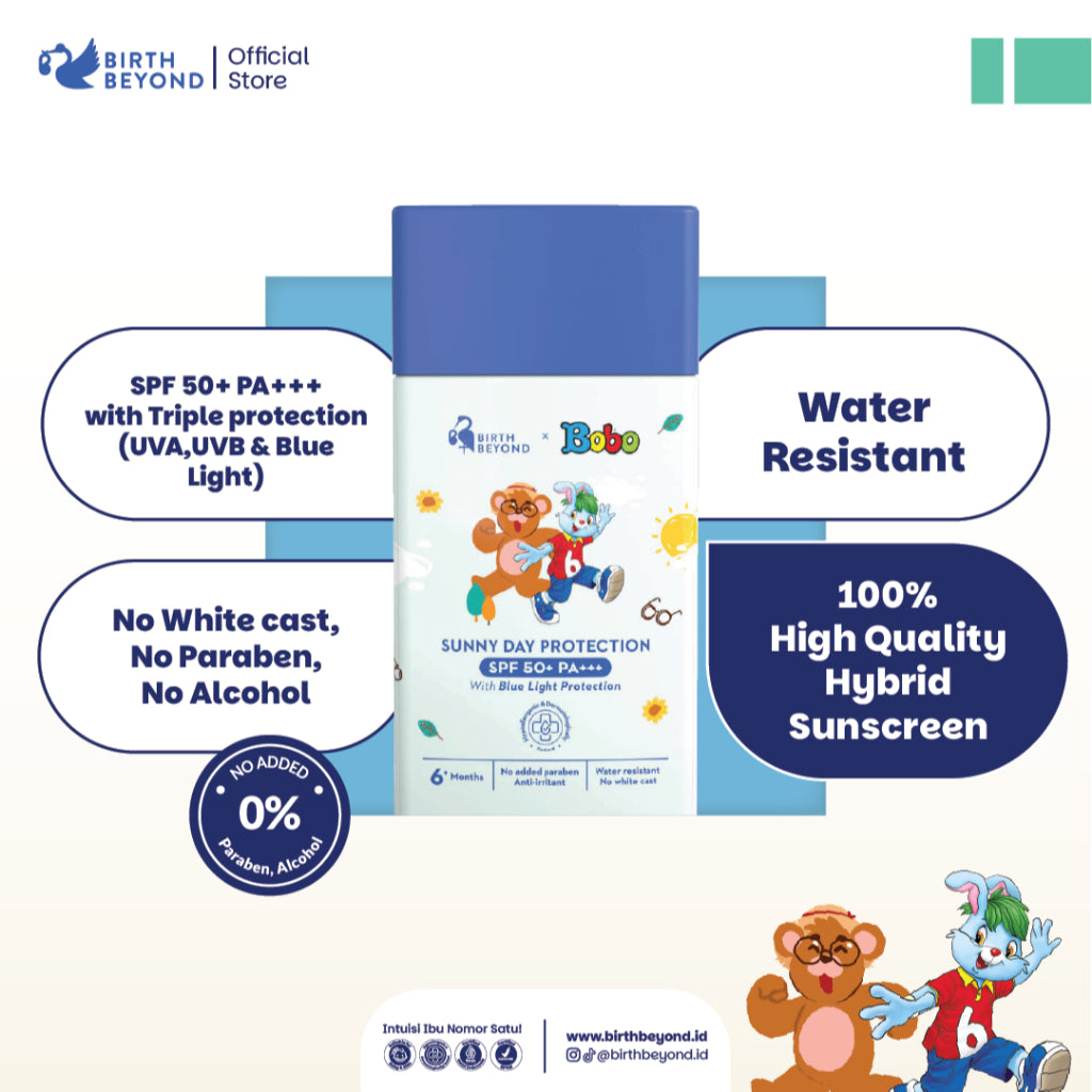 Birth Beyond X BOBO Sunny Day - Sunscreen Anak 50gr - SPF 50+ PA+++ dengan Niacinamide & Alpha Bisabolol untuk Melindungi & Mencerahkan Wajah