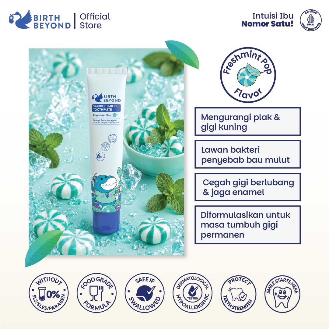 Birth Beyond Sparkle Smiles Toothpaste Freshmint Pop 50g untuk Anak 6Tahun+ Smartfluoride 1000 PPM
