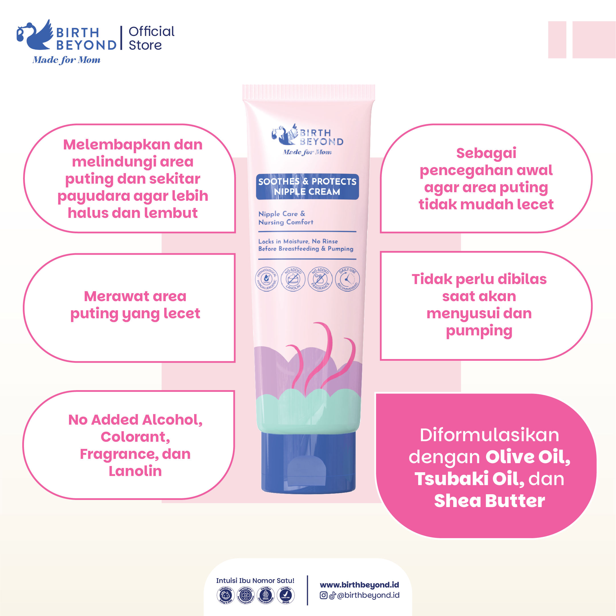 Birth Beyond Soothes & Protects Nipple Cream – Krim Puting Ibu Menyusui untuk Menenangkan & Melembapkan Puting Lecet, Aman Tanpa Bilas, Multifungsi Bisa untuk Pumping, Lip & Hand Care dengan Olive Oil, Tsubaki Oil & Shea Butter