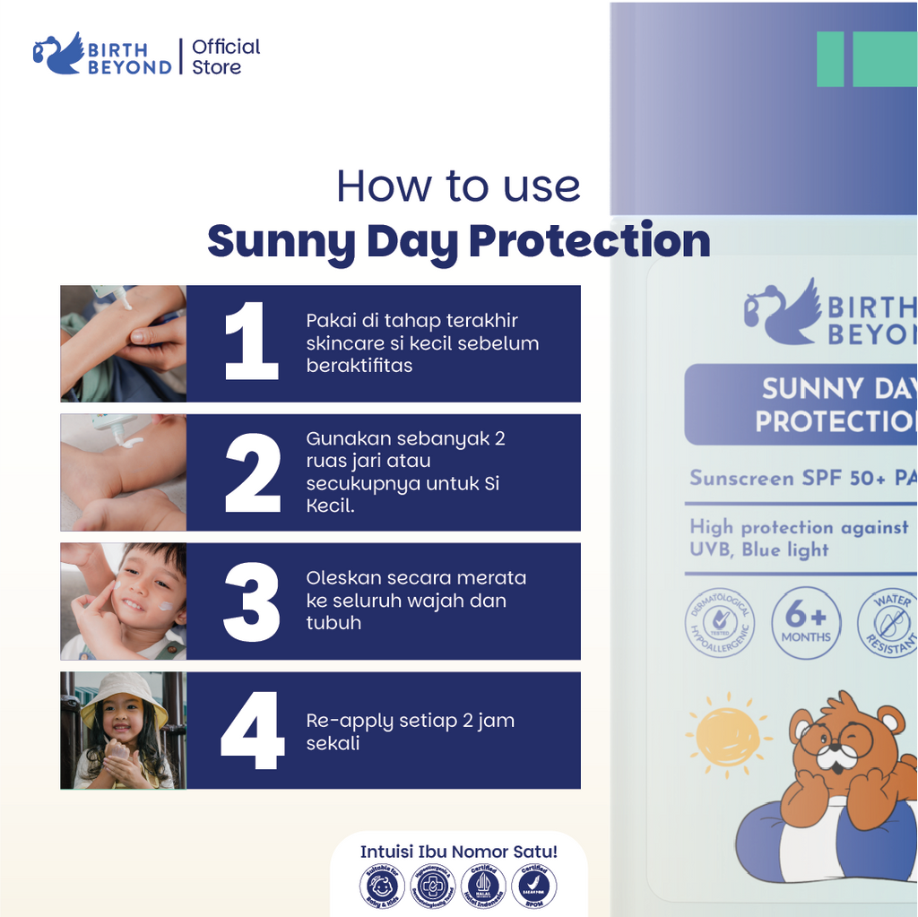 Birth Beyond Sunny Day - Sunscreen Anak 50gr - SPF 50+ PA+++ dengan Niacinamide & Alpha Bisabolol untuk Melindungi & Mencerahkan Wajah