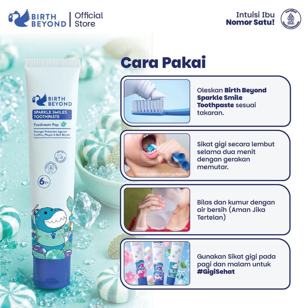 Birth Beyond Sparkle Smiles Toothpaste Freshmint Pop 50g untuk Anak 6Tahun+ Smartfluoride 1000 PPM