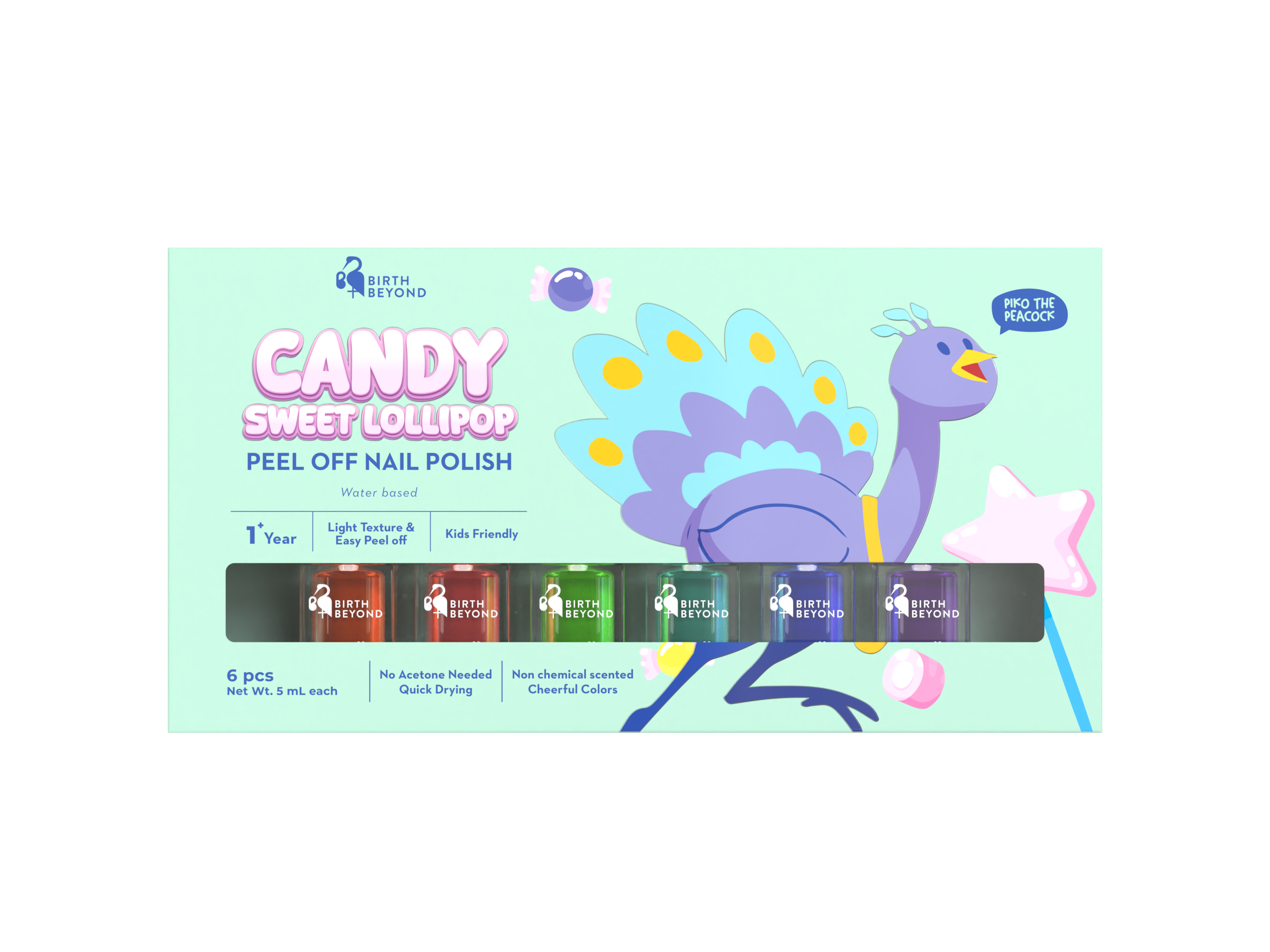 Birth Beyond Peel Off Nail Polish Sweet Lollipop @5ml x 6pcs - Kutek Anak